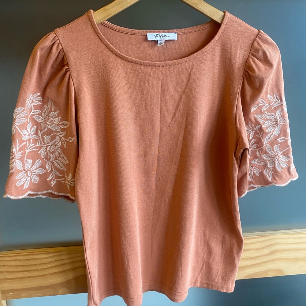 Polagram Terracotta Peach Top with Embroidered Sleeves - Size M
